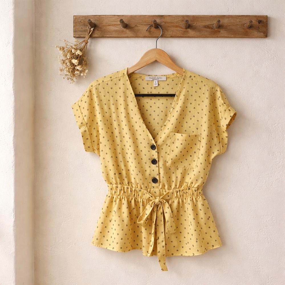 Sweet Rain Peplum Blouse Women Medium Yellow Geometric Button Front Boho